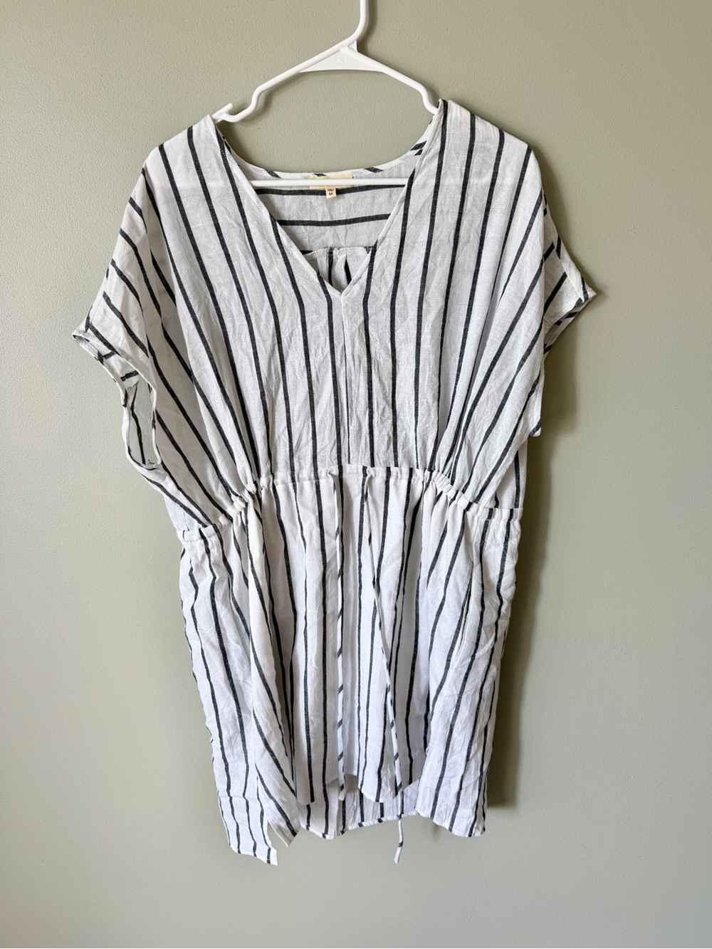 Cotton Bleu Striped V-Neck Dress - White & Black 100% Cotton Drawstring Waist